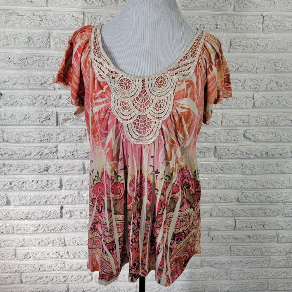 Energe Womens Top 1X Plus Short Sleeve Orange Paisley‎ Crochet Trim PAI36XE